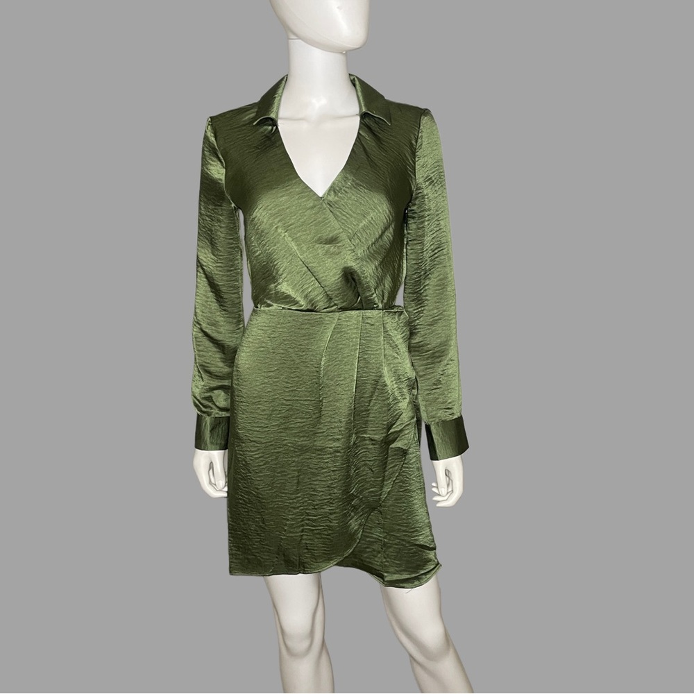 BB Dakota by‎ Steve Madden Pine Green Washed Satin Faux Wrap Dress
